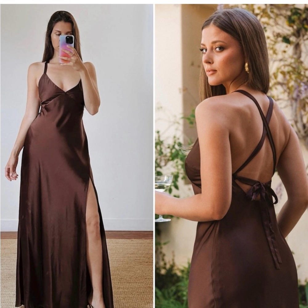 Show Me Your Mumu Anderson Maxi Dress in Chocolate Brown Luxe Satin Size Small